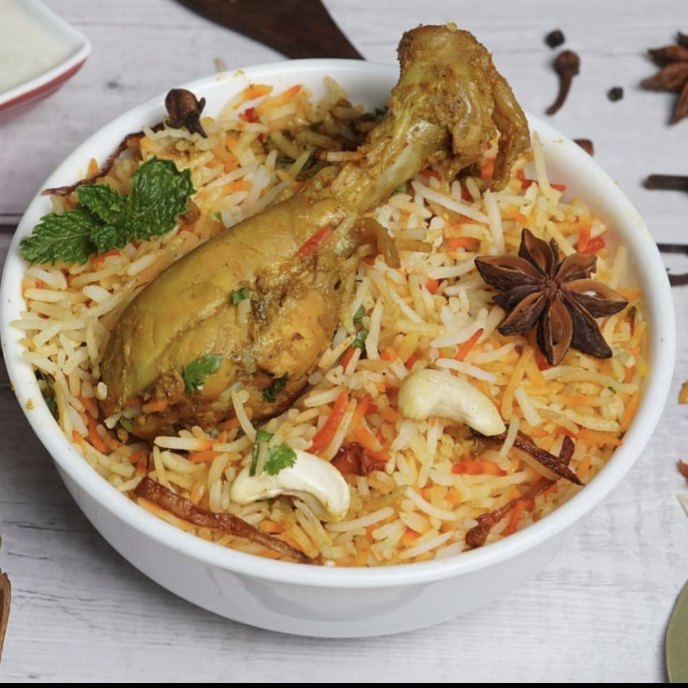 Chicken biryani served in a bowl